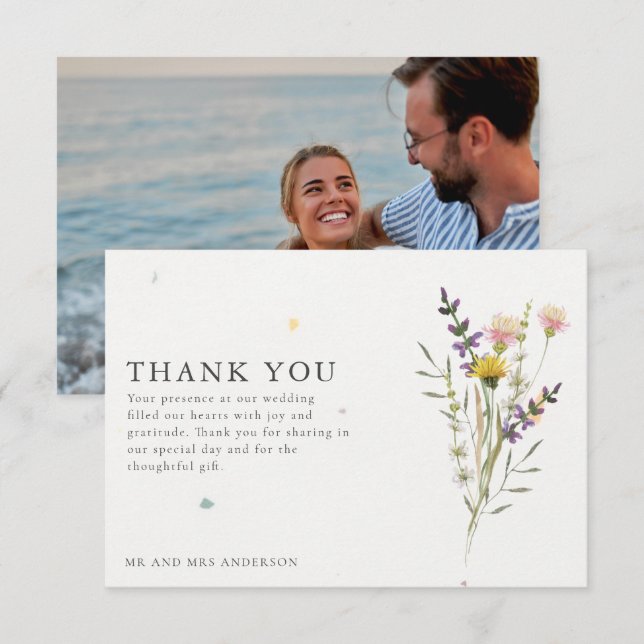Tarjeta De Agradecimiento Boda de foto de Wildflower Meadow gracias (Anverso / Reverso)