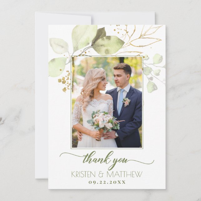 Tarjeta De Agradecimiento Boda de Foto Floral Verde Acuarela Elegante (Anverso)