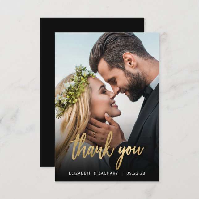Tarjeta De Agradecimiento Boda de Foto Guión de Oro Gracias Negro (Anverso / Reverso)