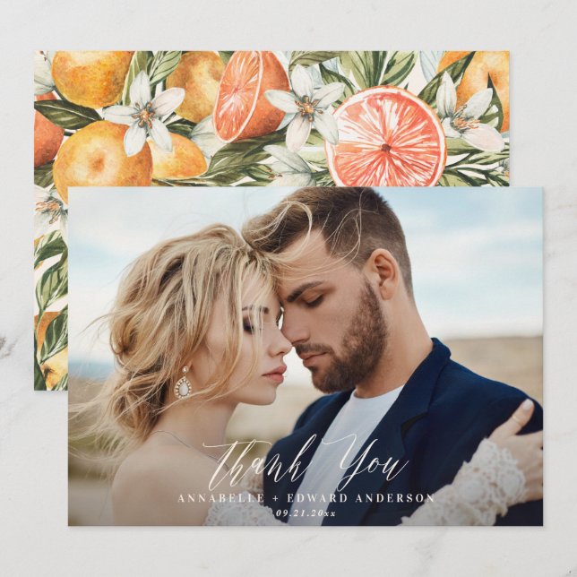 Tarjeta De Agradecimiento Boda de foto guión gracias cítricos botánicos (Anverso / Reverso)
