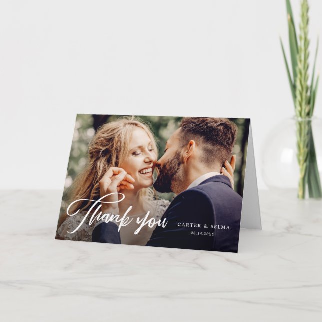 Tarjeta De Agradecimiento Boda de foto moderna con guión mínimo (Anverso)