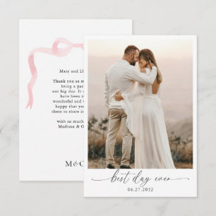Tarjeta De Agradecimiento Boda de Foto Monograma con Lazo Rosa Elegante