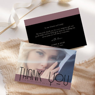Tarjeta De Agradecimiento Boda de Foto Negra Morada Simple