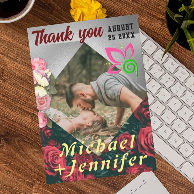 Tarjeta De Agradecimiento Boda de Foto Personalizada Floral Elegante (Subido por el creador)