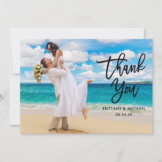 Tarjeta De Agradecimiento Boda de fotografía con guión moderno de pincel de  (Anverso)