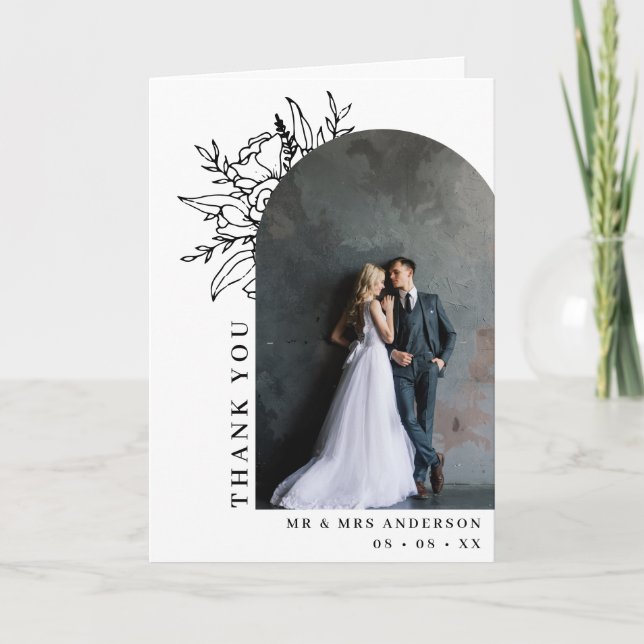 Tarjeta De Agradecimiento Boda de fotografía de arco floral blanco y negro d (Anverso)