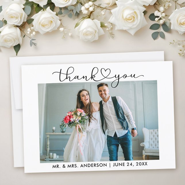 Tarjeta De Agradecimiento Boda de fotografía de escritura cardiaca caligráfi (Customize to add text to back of card.)