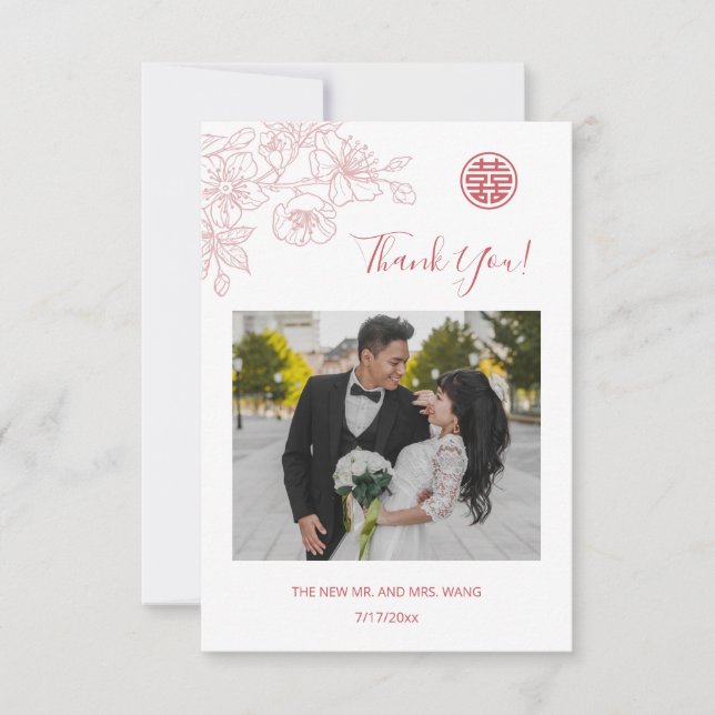 Tarjeta De Agradecimiento Boda de fotografía de la línea floral rosa (Anverso)