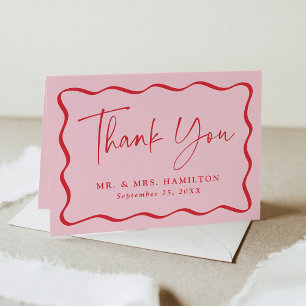 Tarjeta De Agradecimiento Boda de fotografía de marco rosado y ondulado rojo