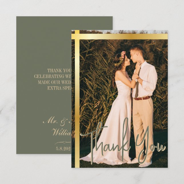 Tarjeta De Agradecimiento Boda de fotografía elegante con banda de oro Sage  (Anverso / Reverso)