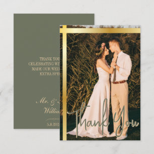 Tarjeta De Agradecimiento Boda de fotografía elegante con banda de oro Sage 