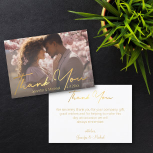 Tarjeta De Agradecimiento boda de fotografía elegante de pareja dorada para 