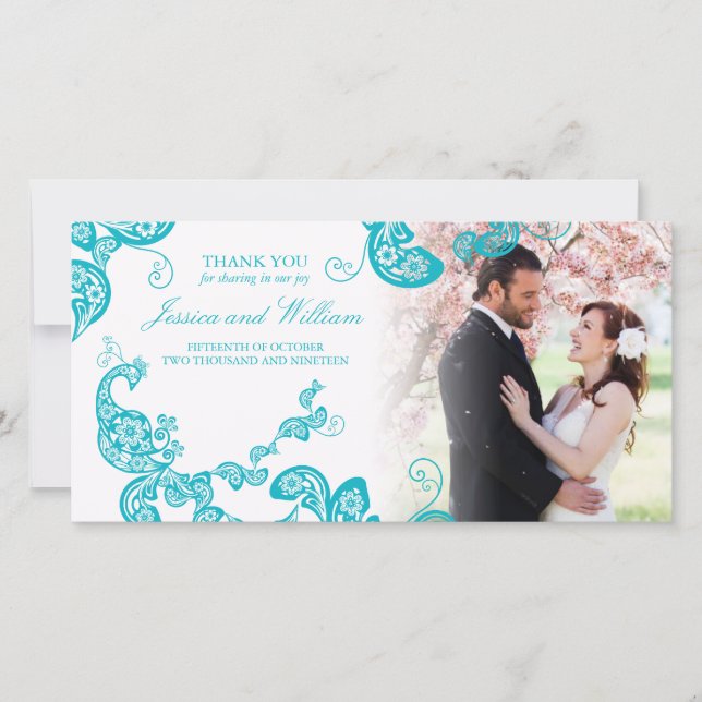 Tarjeta De Agradecimiento Boda de fotografía elegante de turquesa floral Pea (Anverso)