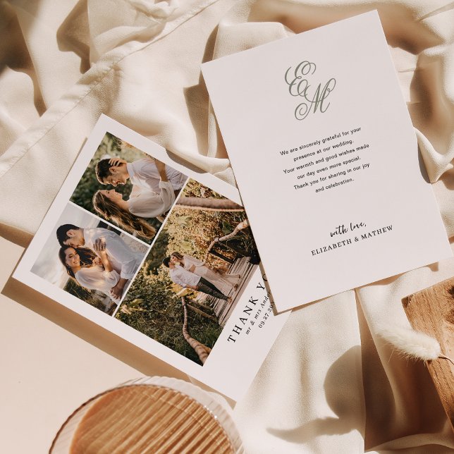Tarjeta De Agradecimiento Boda de fotografía elegante Sage Green Monograma s (Subido por el creador)
