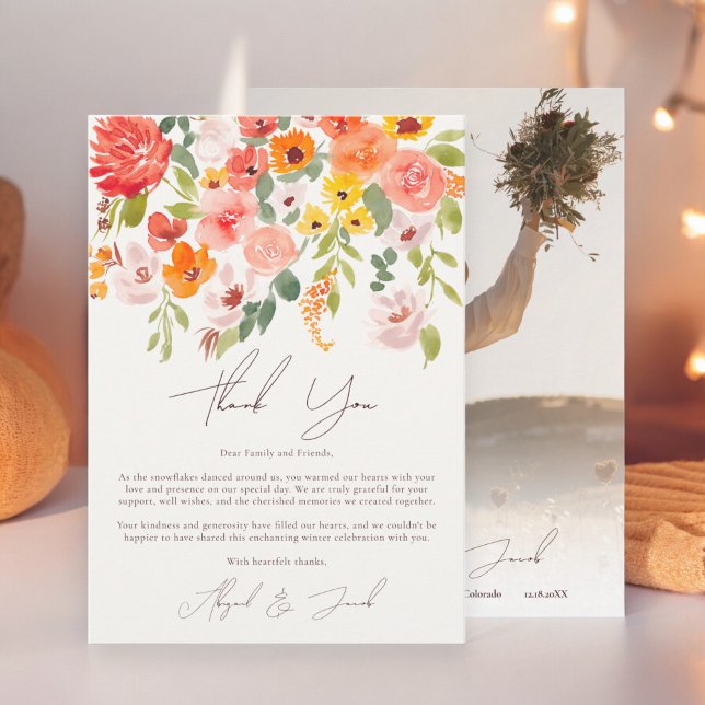 Tarjeta De Agradecimiento Boda de fotografía floral de otoño (Boho fall rustic floral photo wedding thank you card)