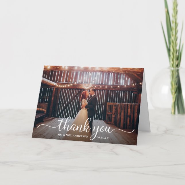 Tarjeta De Agradecimiento Boda de fotografía moderna de caligrafía rusa (Anverso)