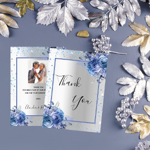 Tarjeta De Agradecimiento Boda de fotografía purpurina floral azul plateado