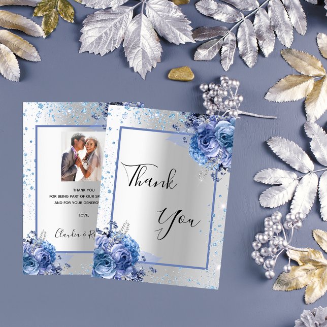Tarjeta De Agradecimiento Boda de fotografía purpurina floral azul plateado (Subido por el creador)