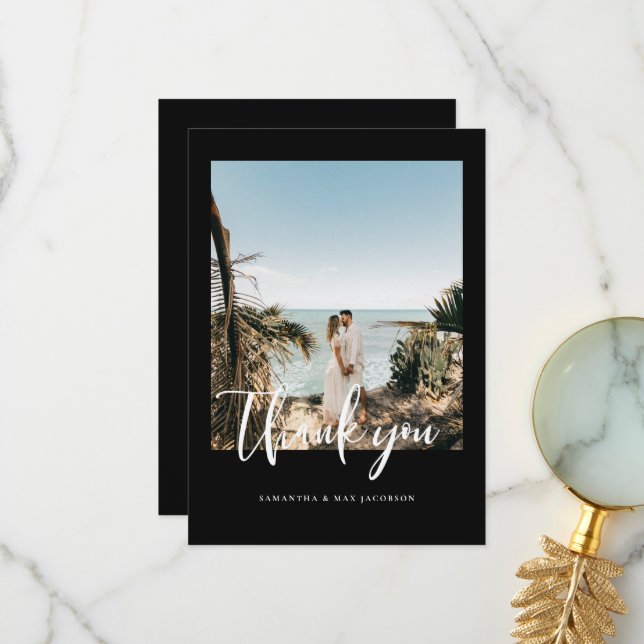 Tarjeta De Agradecimiento Boda de fotografía simple en pareja negro (Anverso/Reverso In Situ)