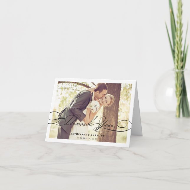Tarjeta De Agradecimiento Boda de fotografías de estilo negro clásico sencil (Anverso)