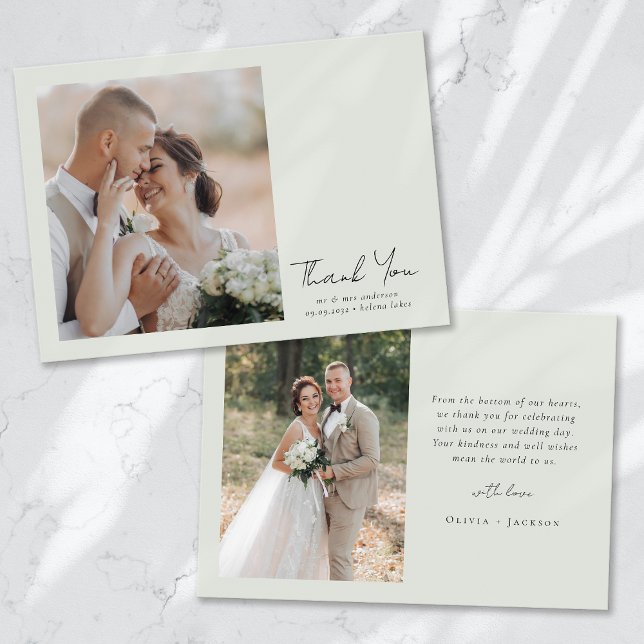 Tarjeta De Agradecimiento Boda de fotografías de Sage Green Script (Subido por el creador)