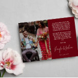 Tarjeta De Agradecimiento Boda de fotos con guiones de escritura a mano roja<br><div class="desc">Boda romántico: tarjeta de agradecimiento impresa con dos de sus fotos bodas,  una más pequeña por un lado y una más grande por el otro lado. Gracias en un guión moderno de escritura a mano,  también sus nombres,  con un texto impreso de agradecimiento arriba.</div>