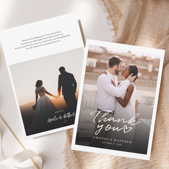 Tarjeta De Agradecimiento Boda de fotos con letras simples y elegantes (Elegant Wedding Day 2 Photos Thank You Card)