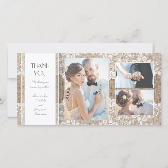 Tarjeta De Agradecimiento Boda de fotos de Burlap y Lace (Anverso)