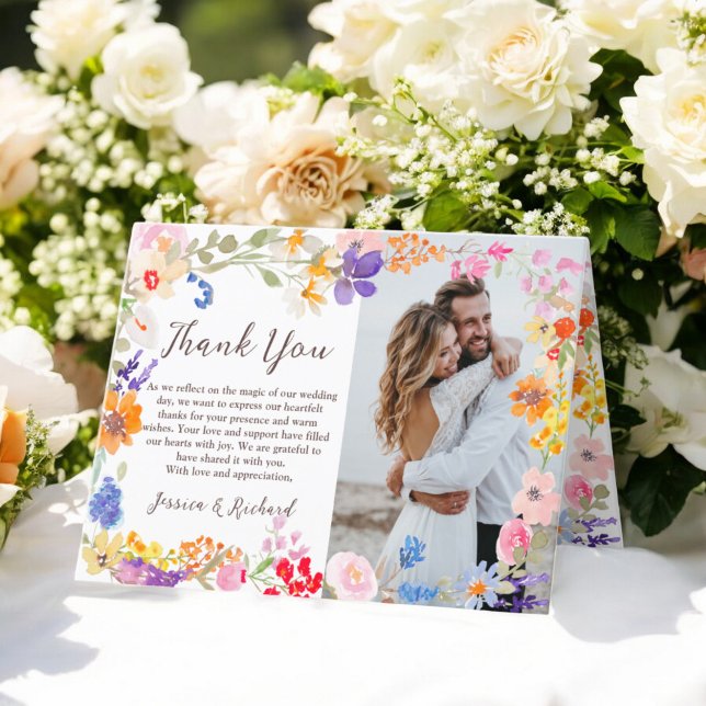 Tarjeta De Agradecimiento Boda de fotos de flores silvestres en el jardín de (Modern spring garden wildflowers photos wedding thank you card)