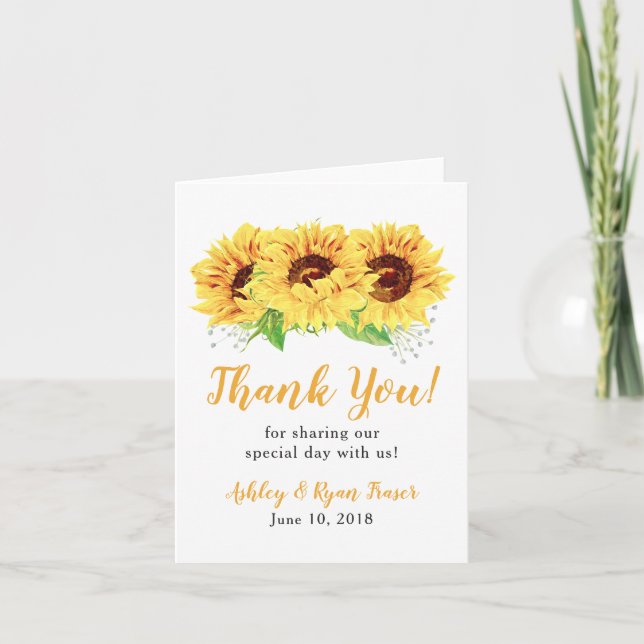 Tarjeta De Agradecimiento Boda de fotos de girasol amarillo gracias (Anverso)