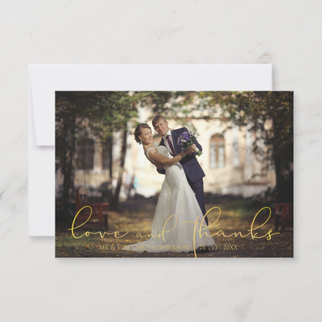 Tarjeta De Agradecimiento Boda de Fotos de la escritura moderna Gold LOVE AN (Anverso)