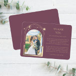 Tarjeta De Agradecimiento Boda de fotos de la luna de la estrella de oro de<br><div class="desc">Moda mística Plum Gold Star Moon Celestial Space Photo Boda Gracias a las tarjetas presenta el sol, la luna y las estrellas con un marco dorado que rodea tu foto favorita en un fondo de ciruela. Personalice editando el texto en los cuadros de texto proporcionados y agregando su foto favorita....</div>