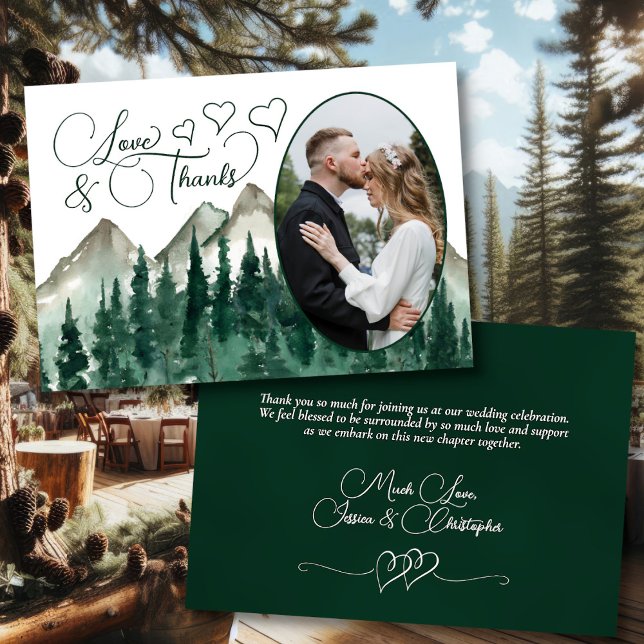 Tarjeta De Agradecimiento Boda de fotos de Love & Gracias Mountains & Pines  (Front/Back)