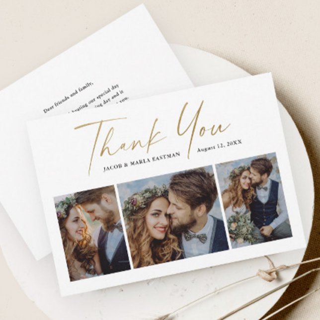 Tarjeta De Agradecimiento Boda de fotos de Modern Gold Script 3 (Modern gold script 3 photo collage wedding thank you cards.)