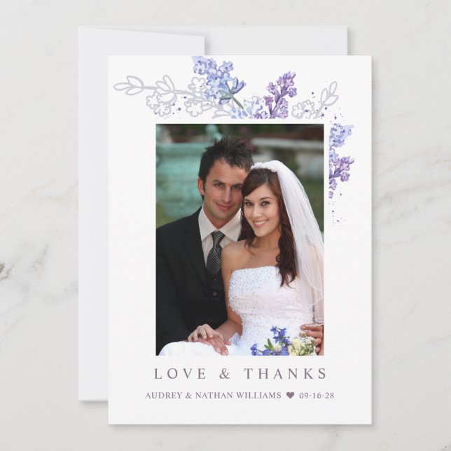Tarjeta De Agradecimiento Boda de fotos florales de lavanda romántica gracia (Anverso)
