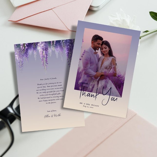 Tarjeta De Agradecimiento Boda de Fotos Florales Purpura Gradiente Caprichos (Subido por el creador)