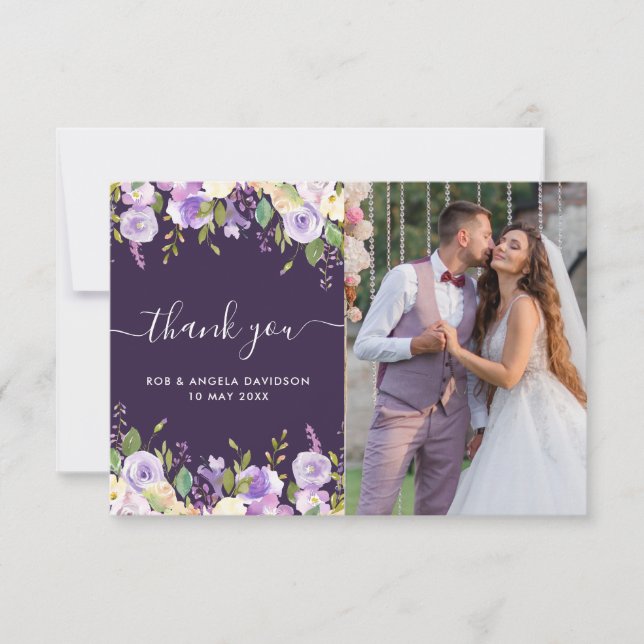 Tarjeta De Agradecimiento boda de fotos morado floral hermoso gracias (Anverso)