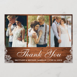 Tarjeta De Agradecimiento Boda de fotos Rustic Wood Lace 3 Gracias