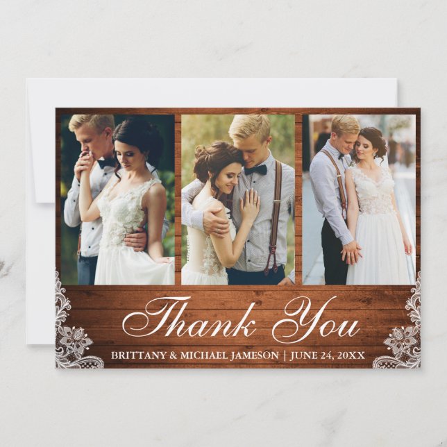 Tarjeta De Agradecimiento Boda de fotos Rustic Wood Lace 3 Gracias (Anverso)