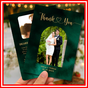 Tarjeta De Agradecimiento Boda de fotos verde esmeralda y dorado