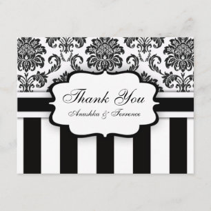 Tarjeta De Agradecimiento Boda de franja de Damasco en blanco y negro Gracia