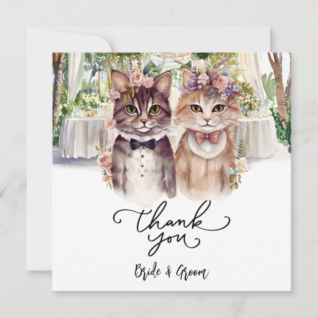 Tarjeta De Agradecimiento Boda de gato con novia y novio (Anverso)