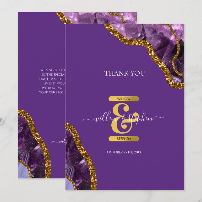 Tarjeta De Agradecimiento Boda de Geode de Agate Purple & Gold (Anverso / Reverso)