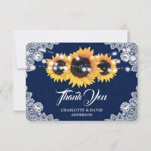 Tarjeta De Agradecimiento Boda de girasol azul marino de arpillera y encaje 