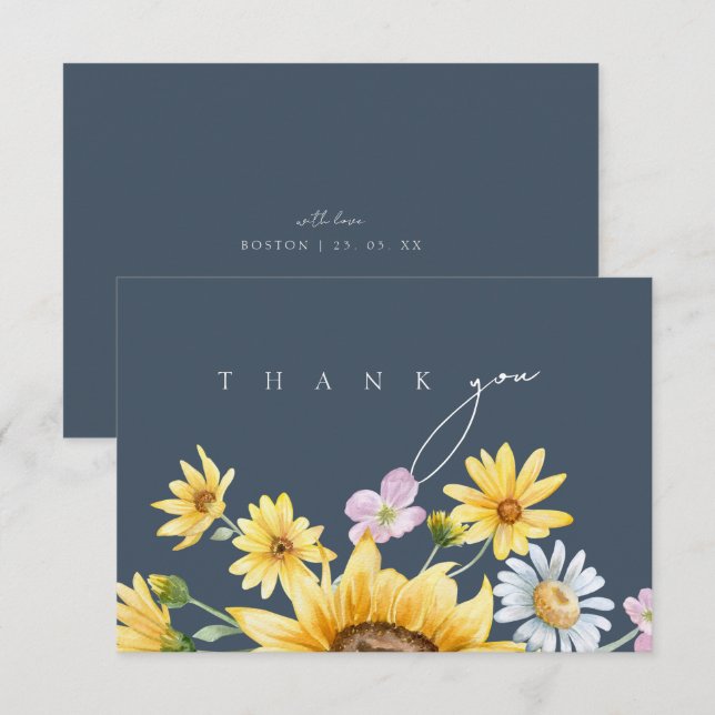 Tarjeta De Agradecimiento Boda de girasol de acuarela simple en pizarra azul (Anverso / Reverso)