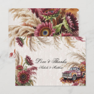 Tarjeta De Agradecimiento Boda de Girasol de Borgoña y Hierba de Pampas