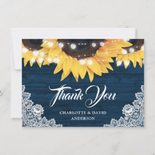 Tarjeta De Agradecimiento Boda de girasol de madera de granero de encaje azu