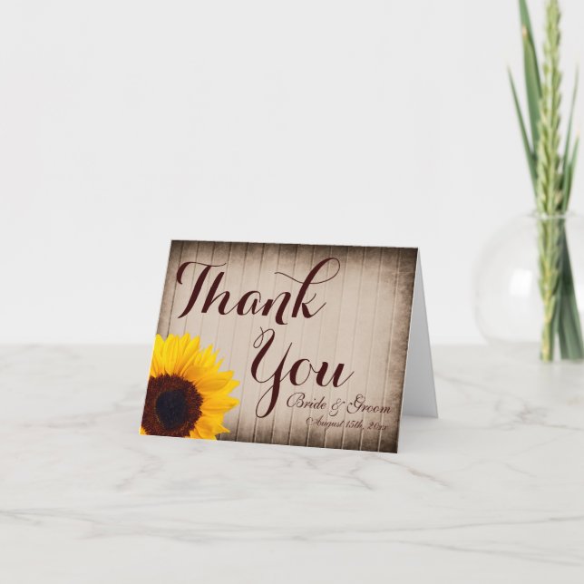 Tarjeta De Agradecimiento Boda De Girasol De Madera Rusa Gracias Cartas (Anverso)