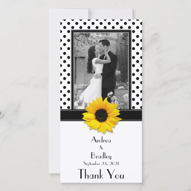 Tarjeta De Agradecimiento Boda de girasol de punto de polka blanco negro (Anverso)