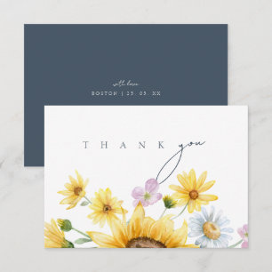 Tarjeta De Agradecimiento Boda de girasol elegante pizarra azul